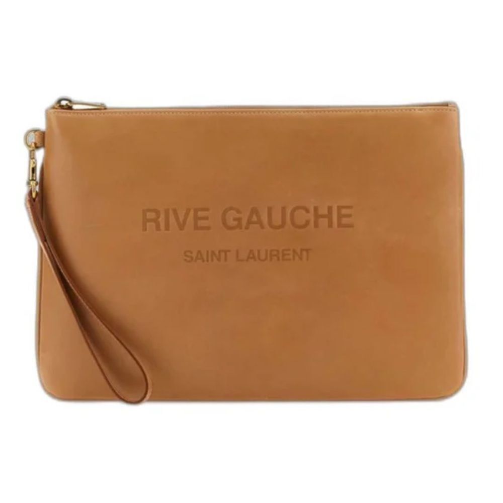 YSL Saint Laurent Rive Gauche Leather Wristlet Pouch - Camel